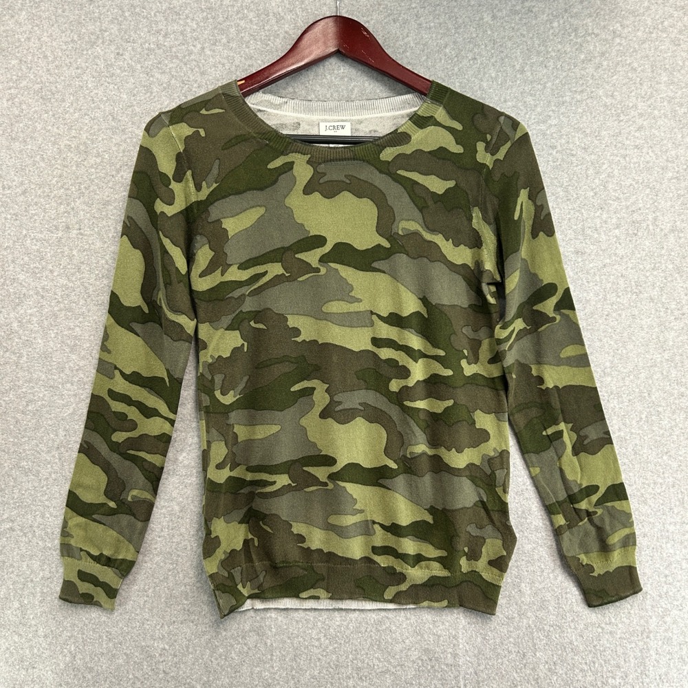 J.Crew Sweater Green Camouflage Print Cotton Crewneck Women XS